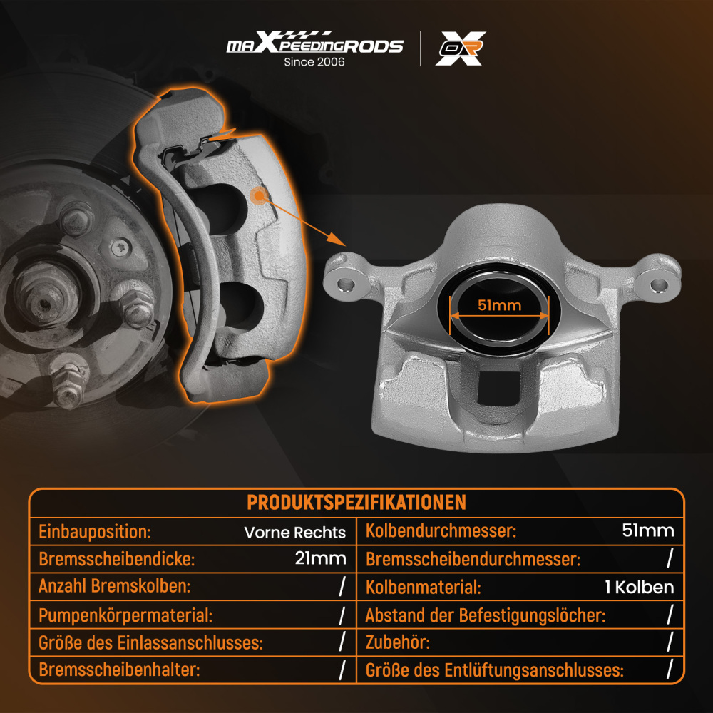 Brake Caliper Front Right 51mm compatible for Honda Jazz 1.2 1.3 1.4 2002-2008 45018SAA900