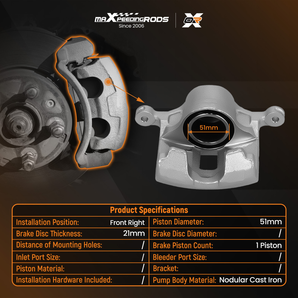 Brake Caliper Front Right 51mm compatible for Honda Jazz 1.2 1.3 1.4 2002-2008 45018SAA900