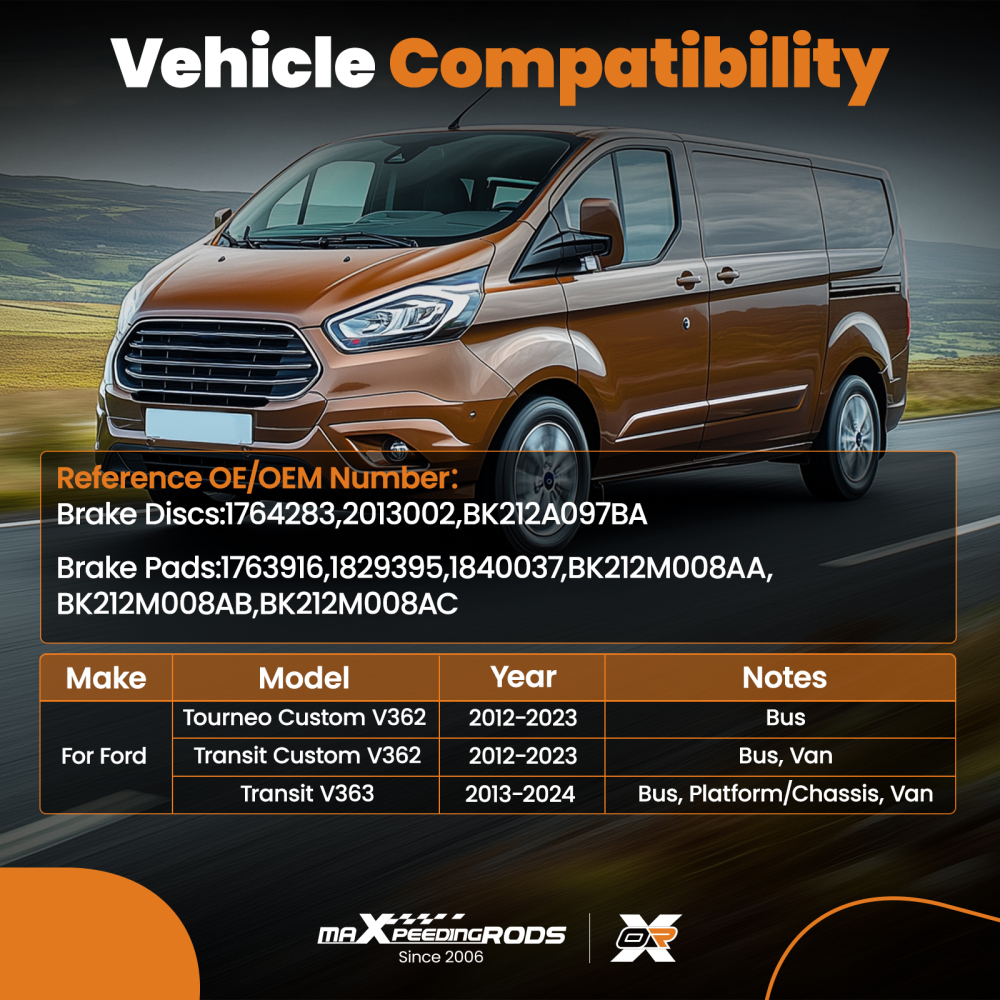 Rear Brake Discs and Pads 288mm compatible for Ford Tourneo Custom V362 F3 2012-2023
