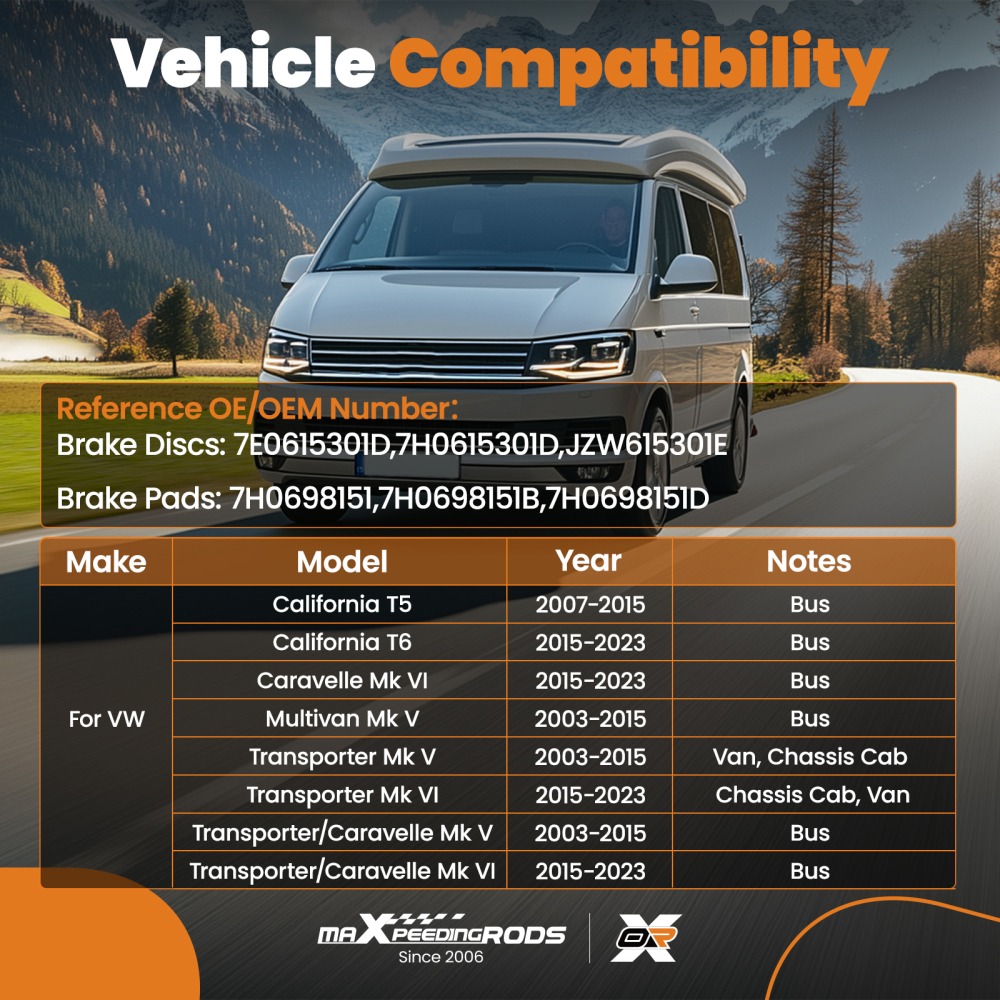 Front Brake Discs and Pads Set compatible for VW California T5/T6 2007-2023 7E0615301D
