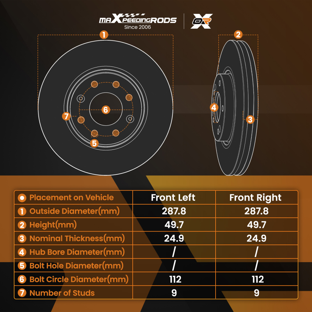 2x Brake Discs Pair Vented Front 288mm compatible for Skoda Octavia 00-24 compatible for VW T-Roc 2017-on