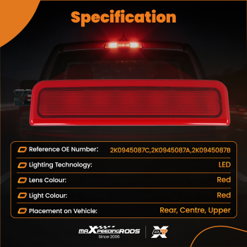 Red LED Rear High Level Brake Stop Light Lamp compatible for VW Caddy MK3 04-15 2K0945087C