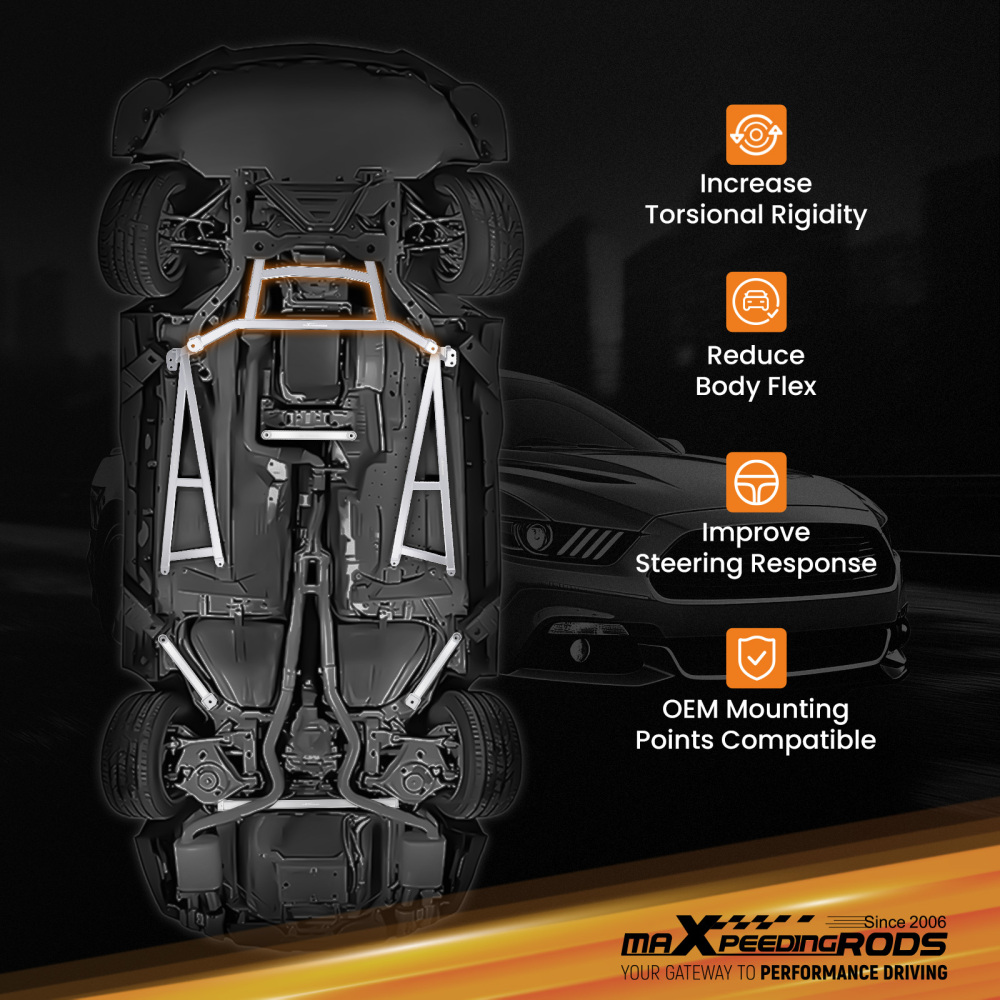 Front Middle Lower H-brace Bar compatible for Ford Mustang L4 2.3TV8 5.0L 2015-2023