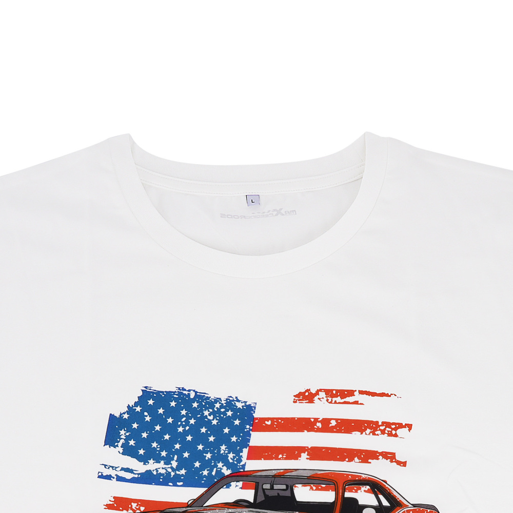 Funny Racing Car Graphic T-Shirt for Vintage USA Flag Muscle Car Classic Design, Size L