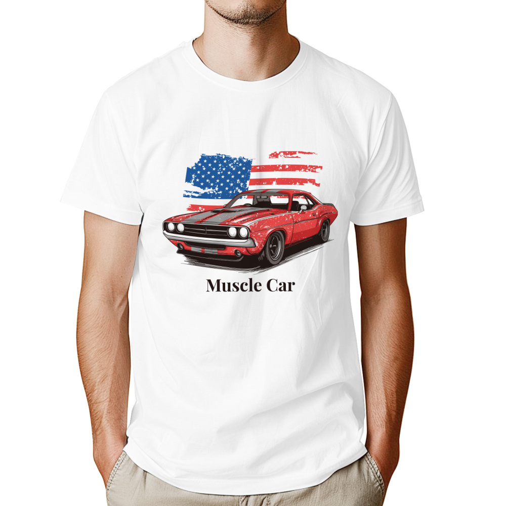 Funny Racing Car Graphic T-Shirt for Vintage USA Flag Muscle Car Classic Design