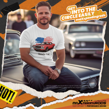 Funny Racing Car Graphic T-Shirt for Vintage USA Flag Muscle Car Classic Design