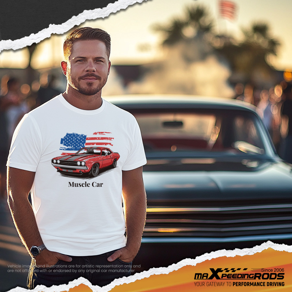 Funny Racing Car Graphic T-Shirt for Vintage USA Flag Muscle Car Classic Design
