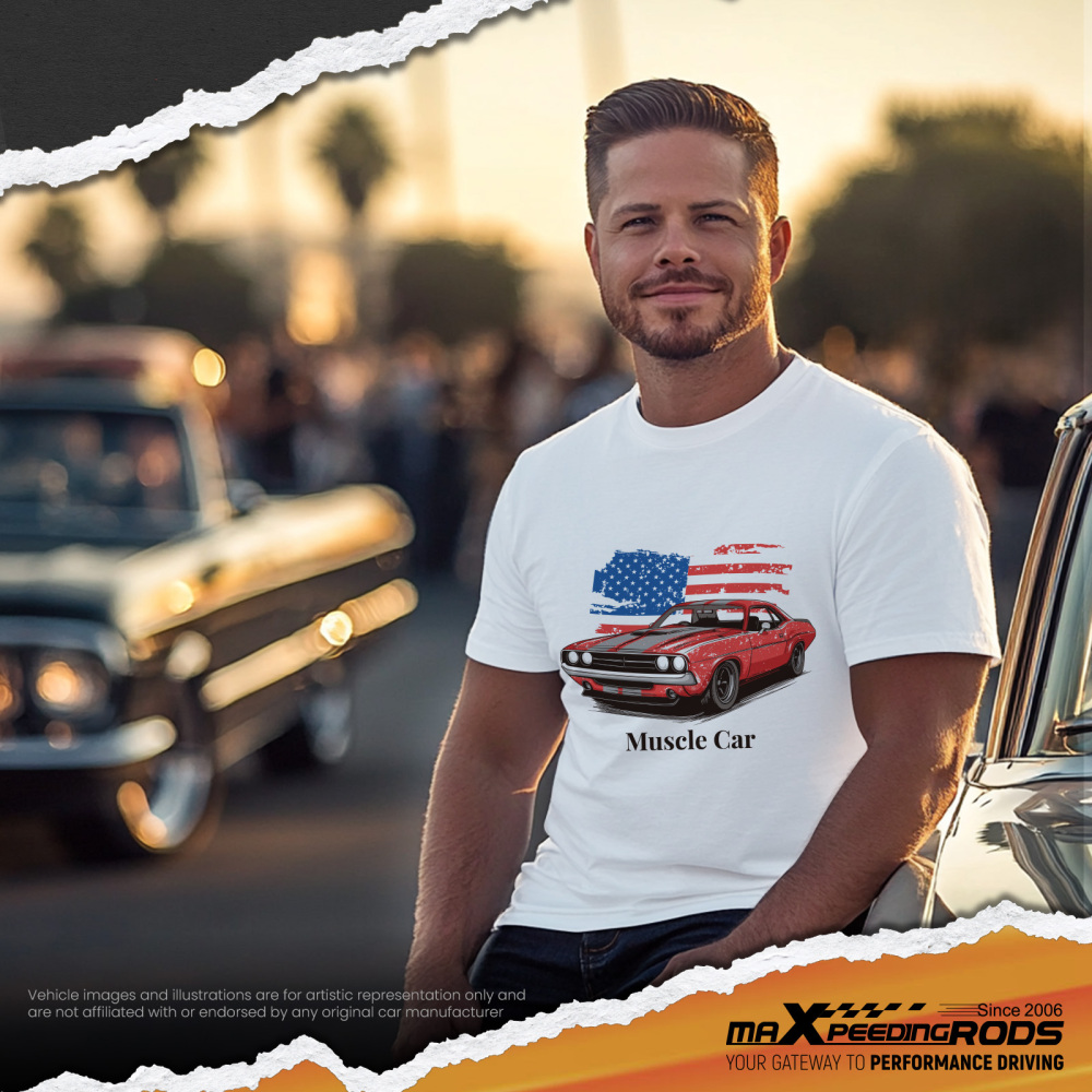 Funny Racing Car Graphic T-Shirt for Vintage USA Flag Muscle Car Classic Design
