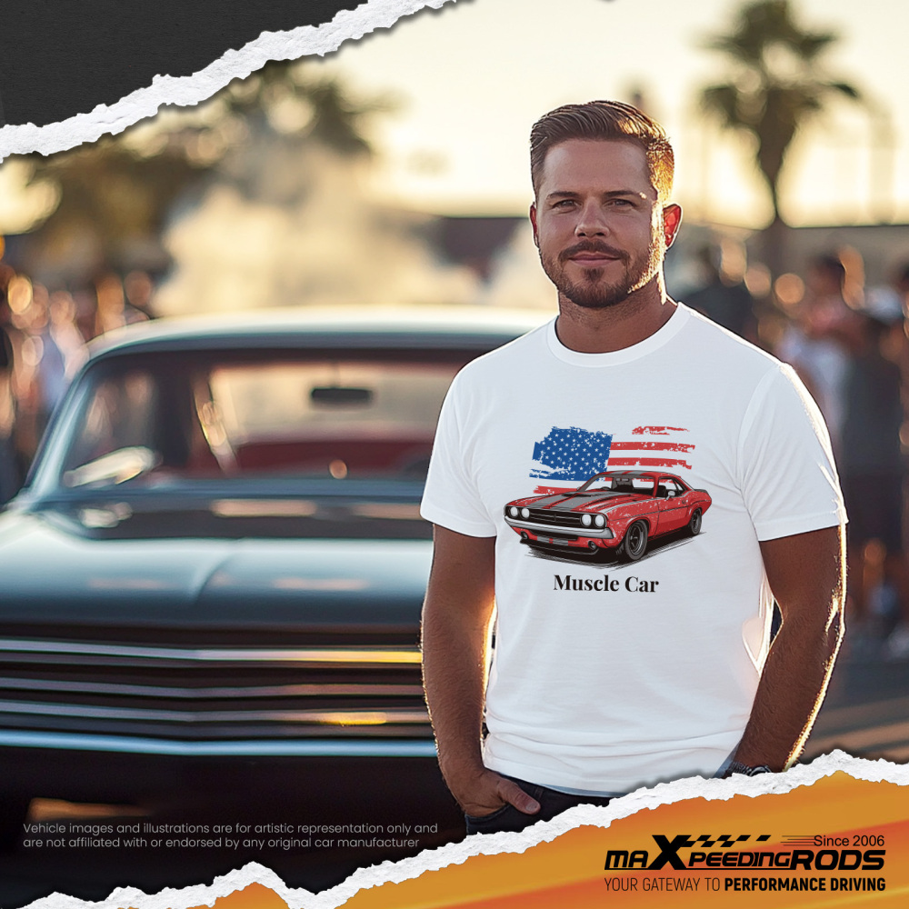 Funny Racing Car Graphic T-Shirt for Vintage USA Flag Muscle Car Classic Design