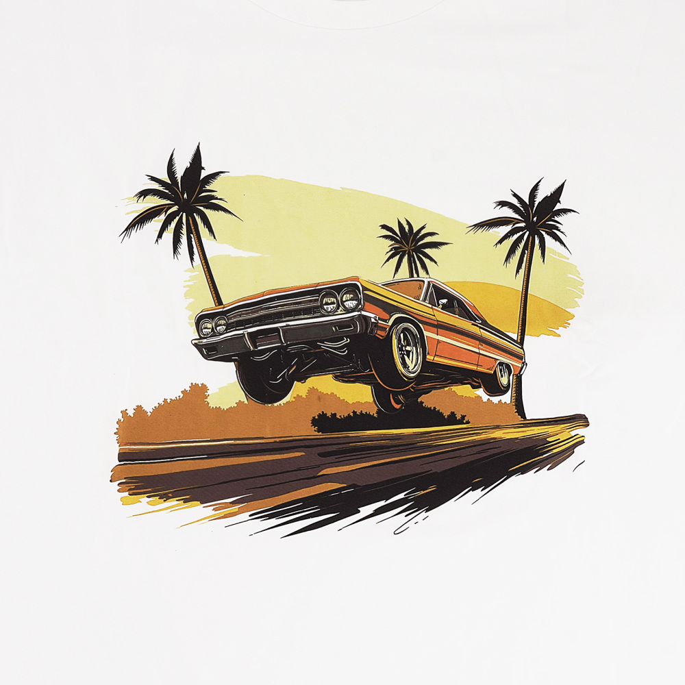 Beach Scene Lowrider Jumping Car Art Men's T-Shirt Breathable Oversized Streetwear Top, Size 2XL