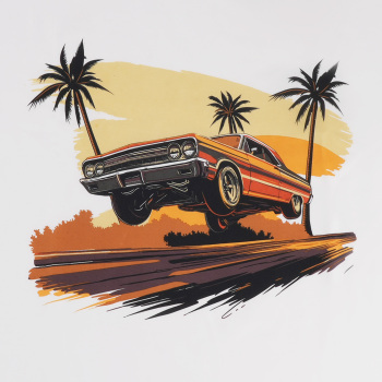 Beach Scene Lowrider Jumping Car Art Men's T-Shirt Breathable Oversized Streetwear Top, Size M