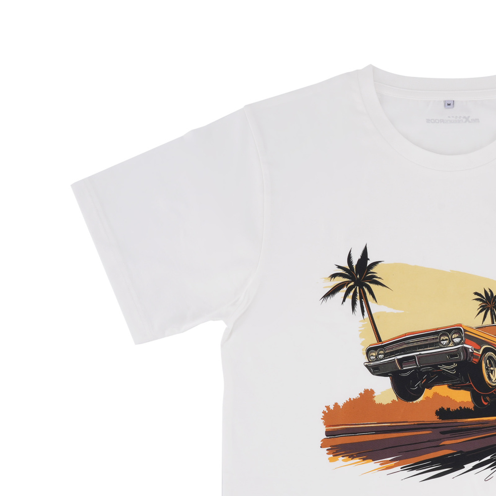 Beach Scene Lowrider Jumping Car Art Men's T-Shirt Breathable Oversized Streetwear Top, Size M