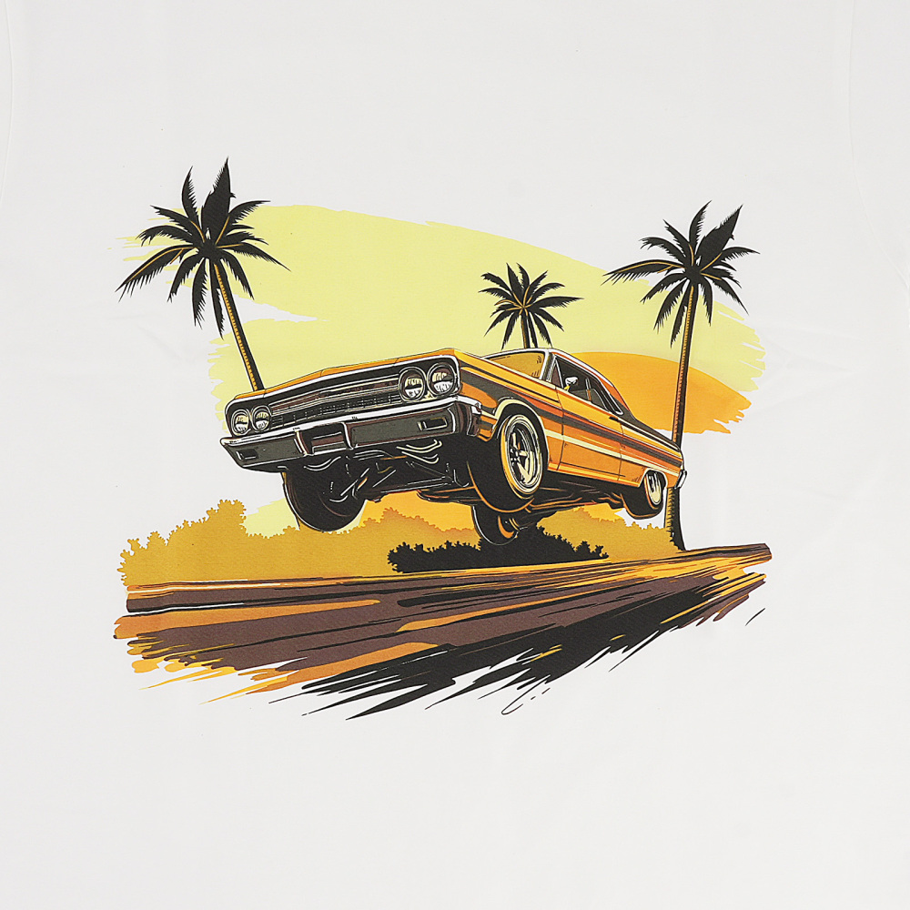 Beach Scene Lowrider Jumping Car Art Men's T-Shirt Breathable Oversized Streetwear Top, Size S