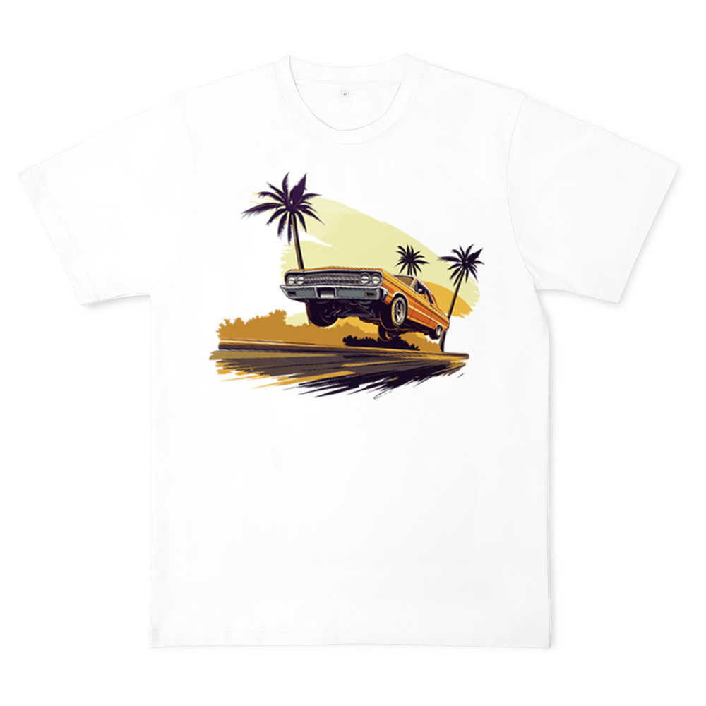 Beach Scene Lowrider Jumping Car Art Men's T-Shirt Breathable Oversized Streetwear Top, Size S