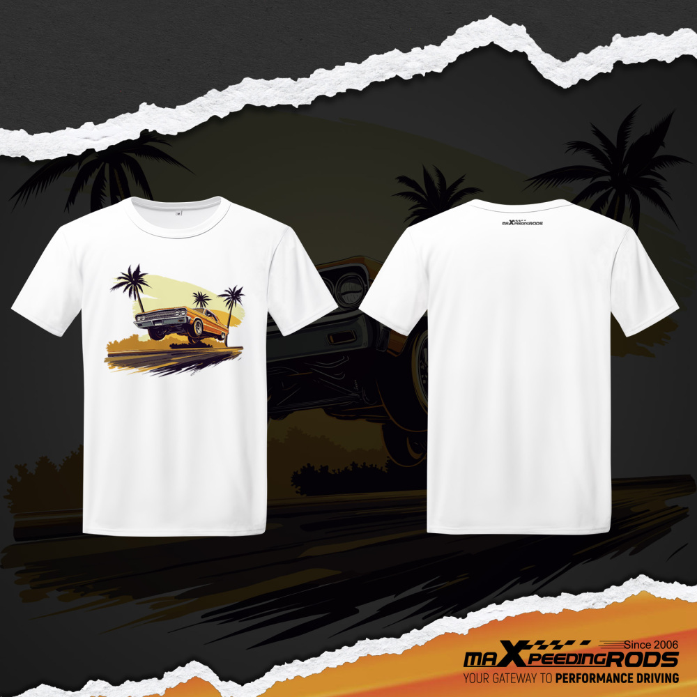 Beach Scene Lowrider Jumping Car Art Men's T-Shirt Breathable Oversized Streetwear Top, Size S