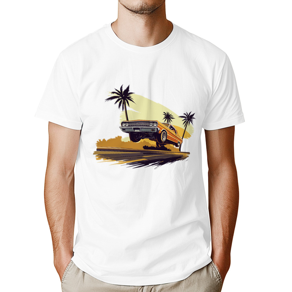 Beach Scene Lowrider Jumping Car Art Men's T-Shirt Breathable Oversized Streetwear Top, Size S