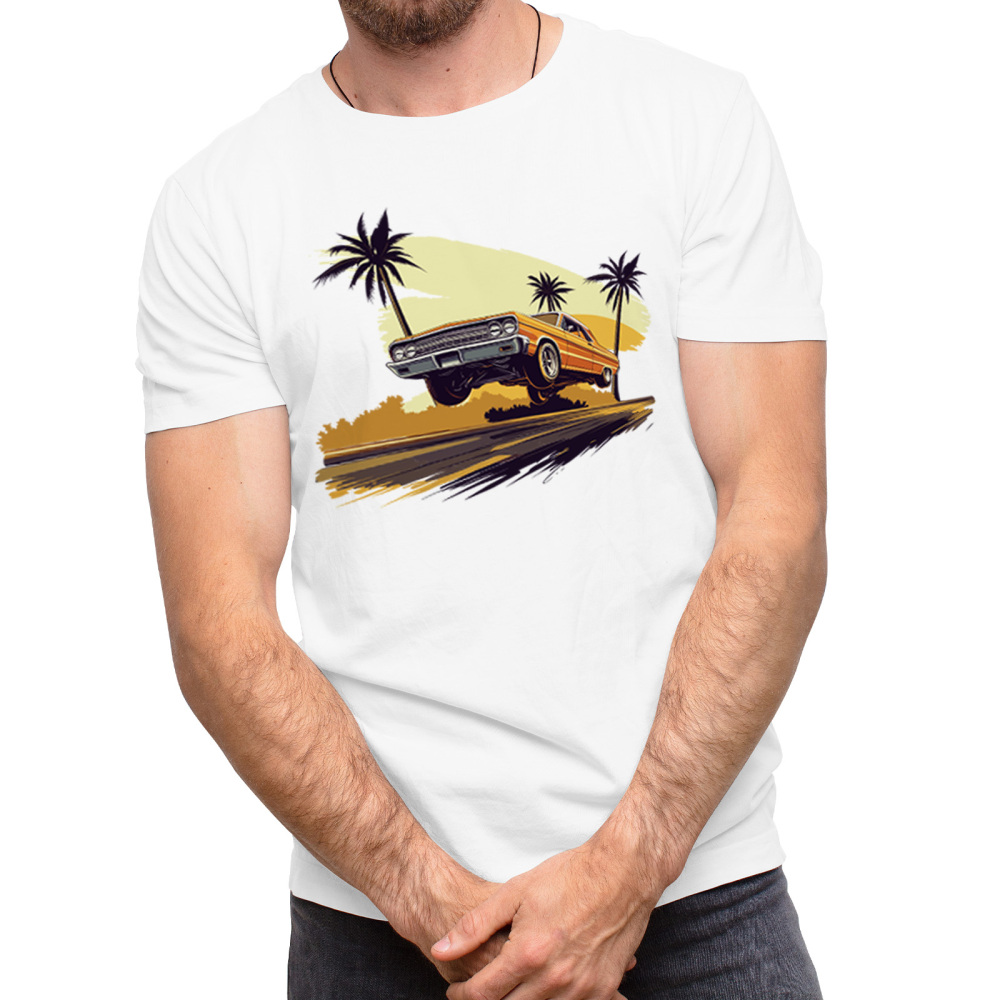 Beach Scene Lowrider Jumping Car Art Men's T-Shirt Breathable Oversized Streetwear Top, Size S