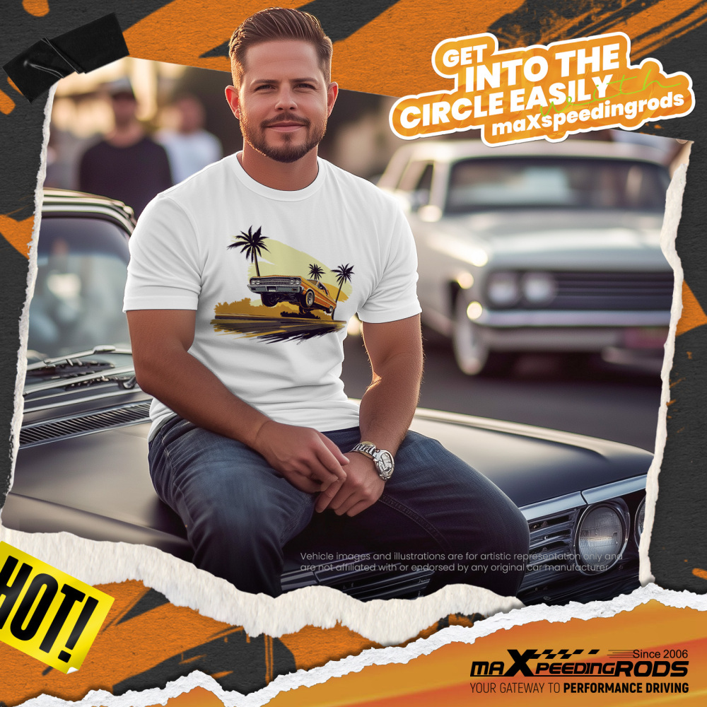 Beach Scene Lowrider Jumping Car Art Men's T-Shirt Breathable Oversized Streetwear Top, Size S