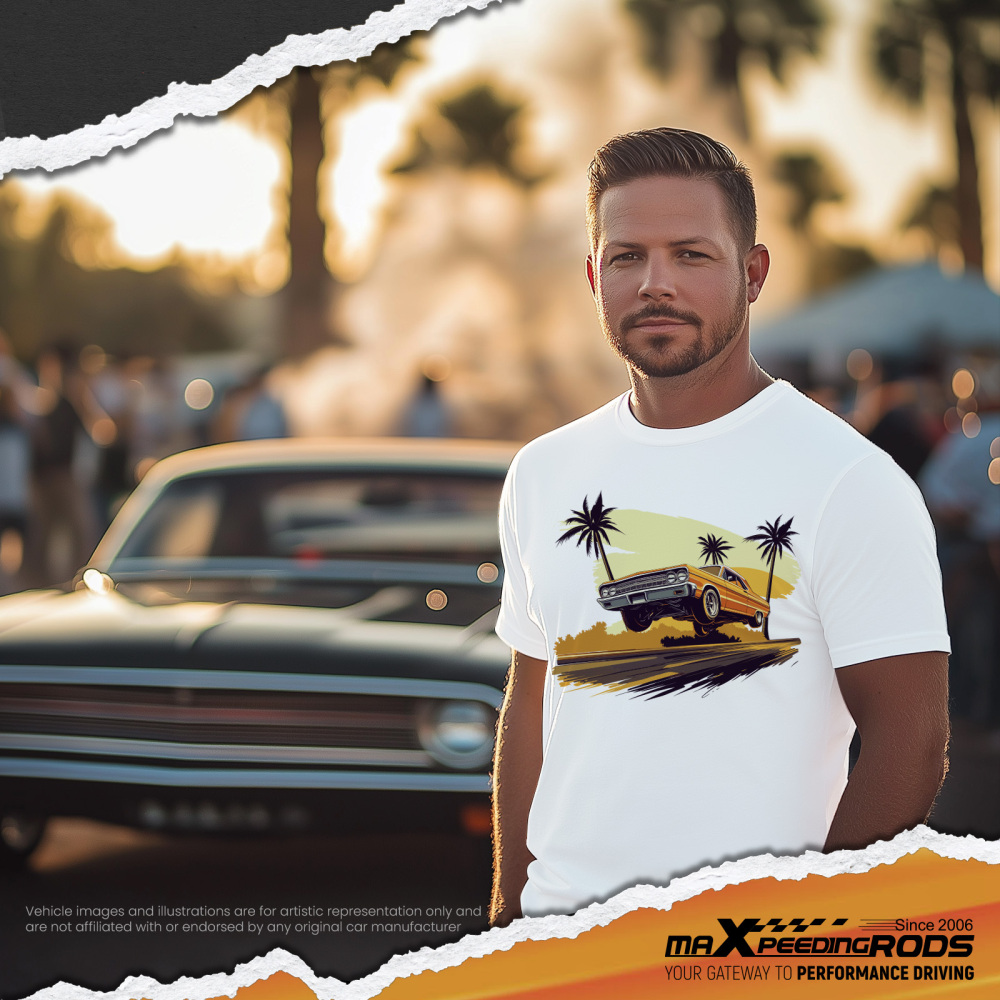 Beach Scene Lowrider Jumping Car Art Men's T-Shirt Breathable Oversized Streetwear Top, Size S