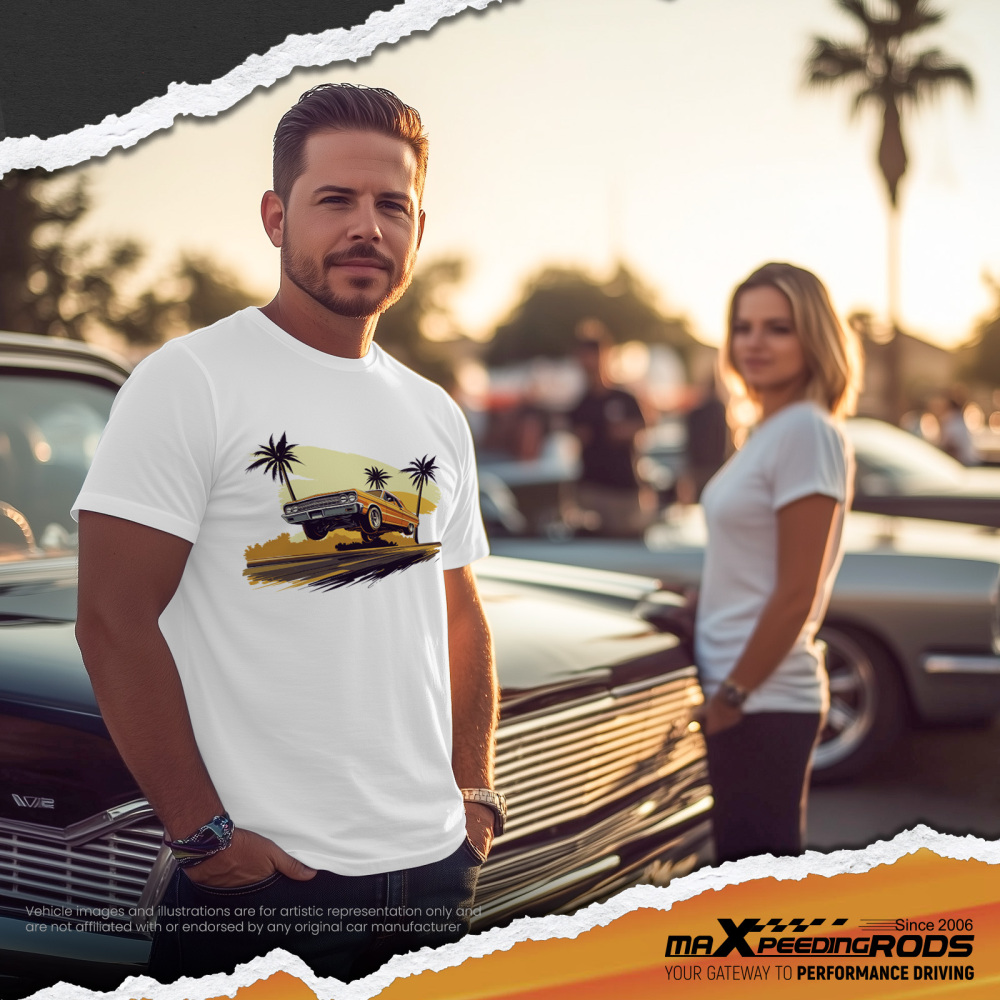 Beach Scene Lowrider Jumping Car Art Men's T-Shirt Breathable Oversized Streetwear Top, Size S