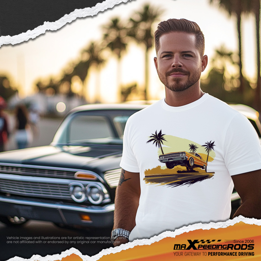 Beach Scene Lowrider Jumping Car Art Men's T-Shirt Breathable Oversized Streetwear Top, Size S