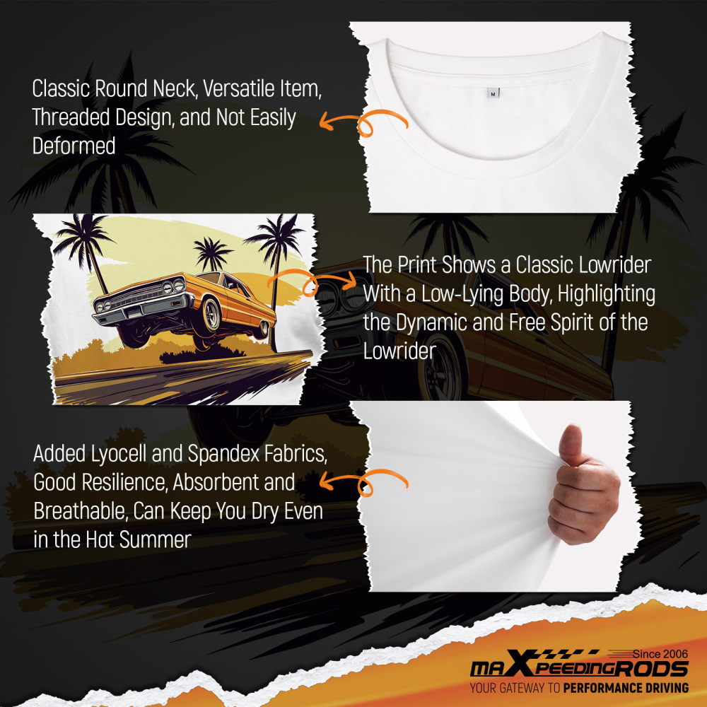 Beach Scene Lowrider Jumping Car Art Men's T-Shirt Breathable Oversized Streetwear Top, Size S