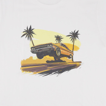 Beach Scene Lowrider Jumping Car Art Men's T-Shirt Breathable Oversized Streetwear Top, Size XL