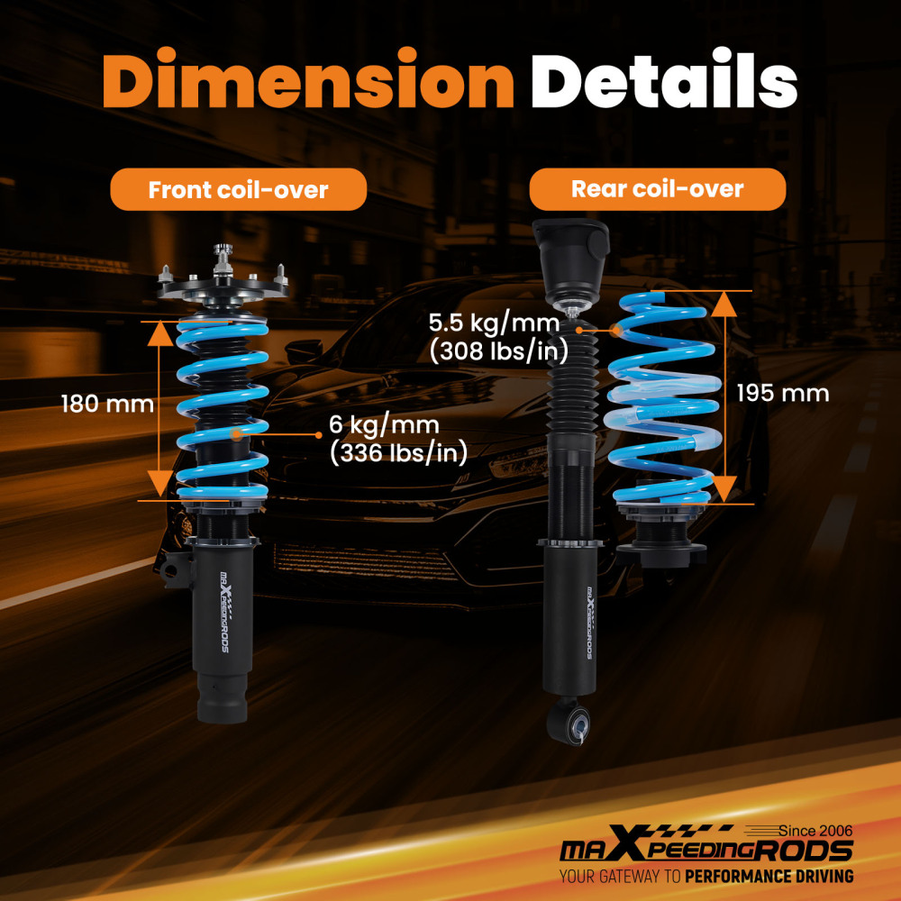 T6 advanced series 24 Ways Adjustable Damper Coilovers compatible for Honda Civic hatchback (FK) 2016-2021 52mm clamp diameter Lowering Kit