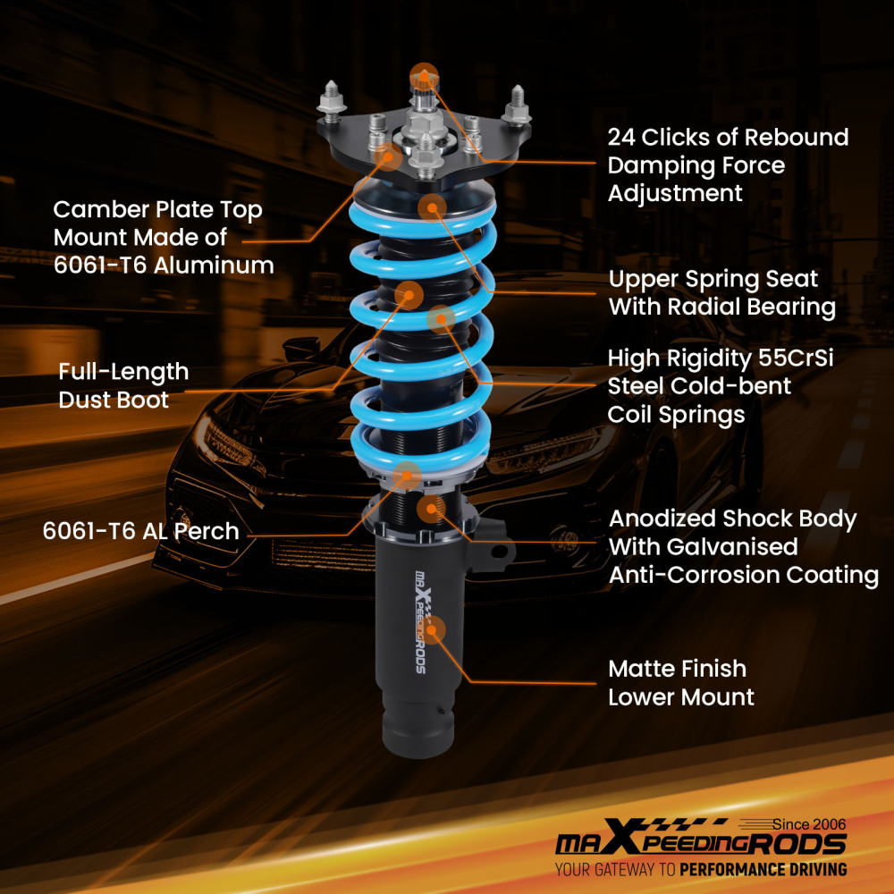T6 advanced series 24 Ways Adjustable Damper Coilovers compatible for Honda Civic hatchback (FK) 2016-2021 52mm clamp diameter Lowering Kit
