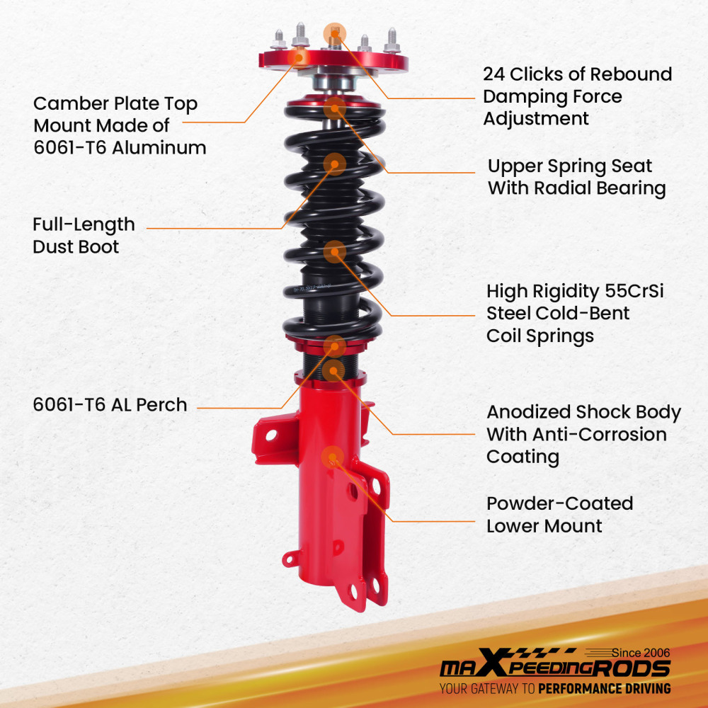 2005-2014 compatible for Ford Mustang Damper Adjustable Tuning Coilovers Kits Red 