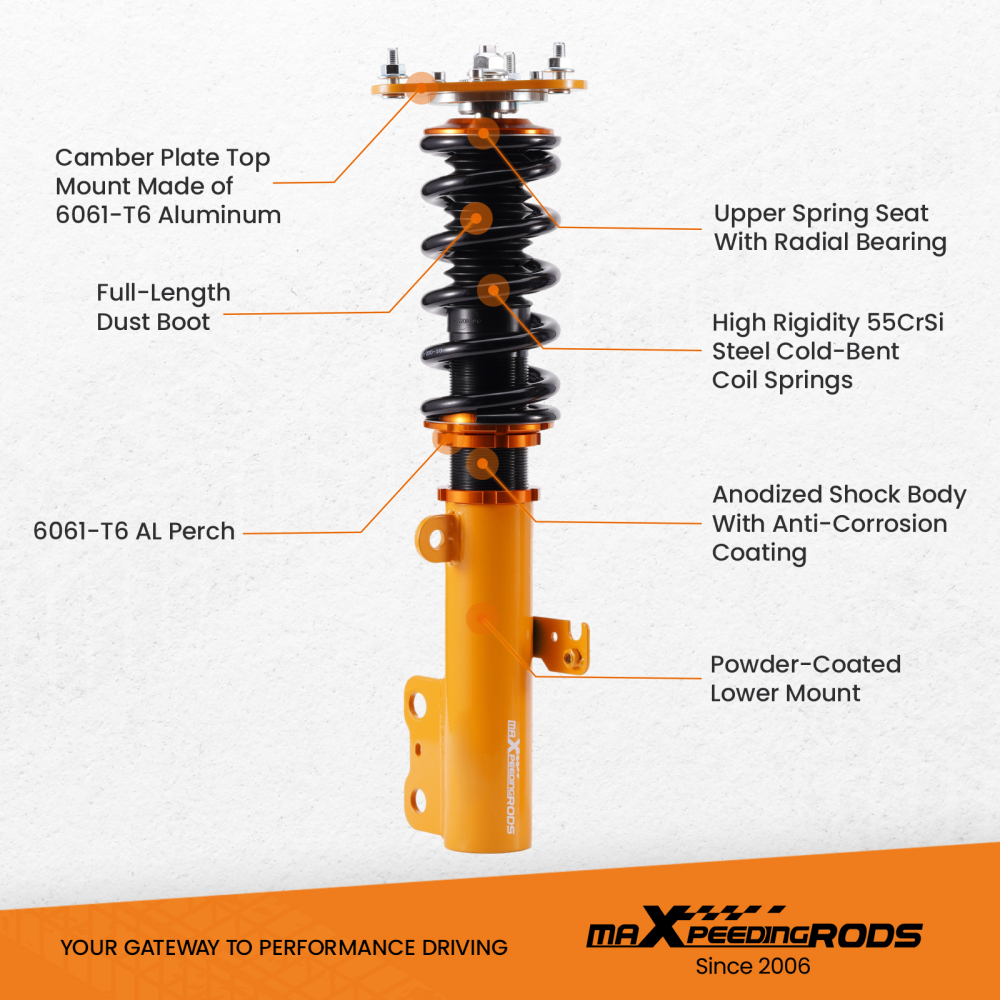 Gold Full Coilover Struts Shock Suspension Kit For 2005-2010 compatible for Scion Tc Adj Height lowering kit