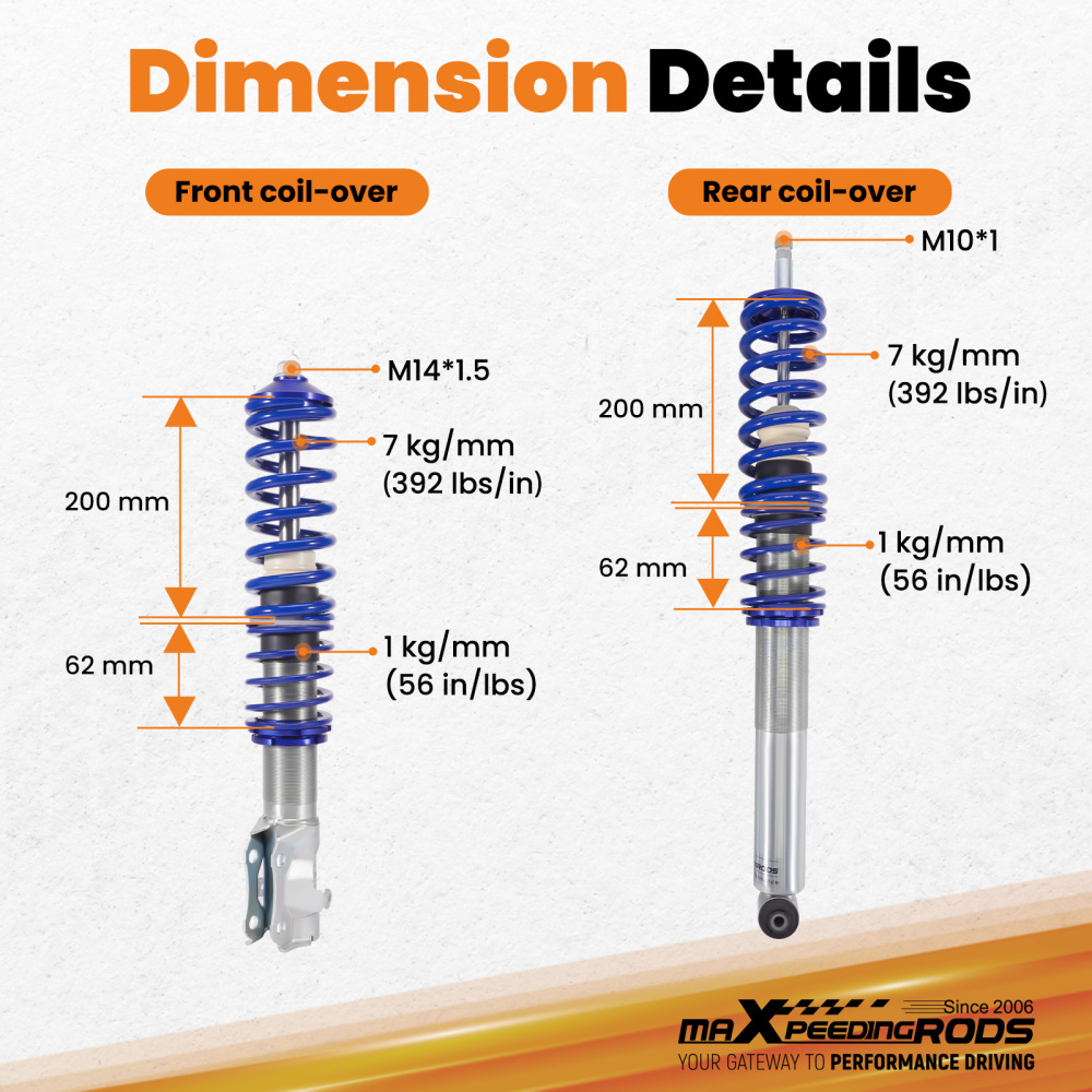 Amortisseurs Combines Filetes compatible pour VW Golf 2 Golf 3 1985-2000 Jetta  Suspensions