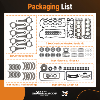 AJ133 5.0L Engine Piston Gasket Set w/ RodsTiming Kit compatible for Jaguar Ranger compatible for Rover