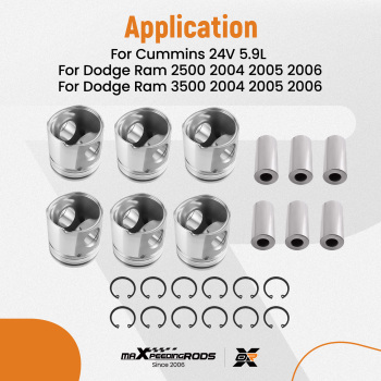 Set of 6 Piston +Ring + PISTON PIN compatible for Cummins Fits For 2004-2007 compatible for Dodge Ram 5.9L 24v