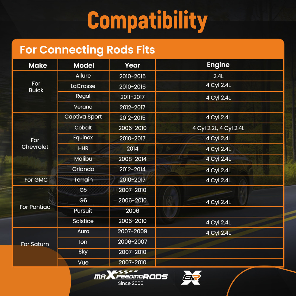 2.4L Engine Rebuild Kit + Connecting Rods + Timing Chain VVT compatible for Chevy Buick GMC