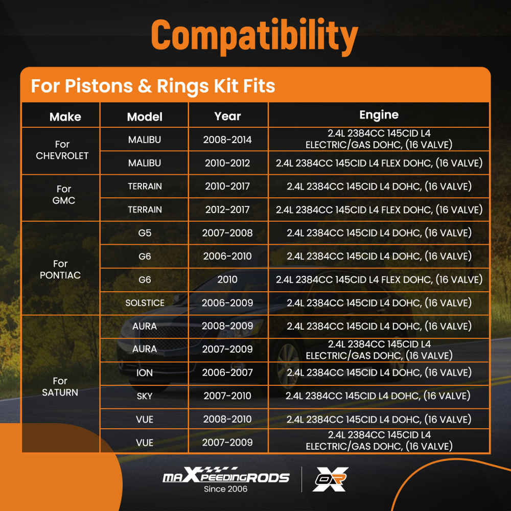 2.4L Engine Rebuild Kit + Connecting Rods + Timing Chain VVT compatible for Chevy Buick GMC