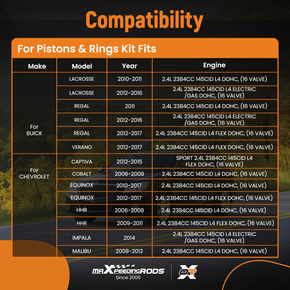 2.4L Engine Rebuild Kit + Connecting Rods + Timing Chain VVT compatible for Chevy Buick GMC