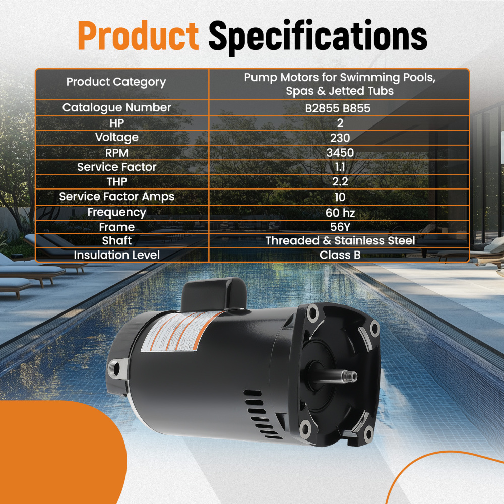 2 HP 3450 RPM Frame 230V 10A Single-Speed Square Flange Pool Motor for B2855