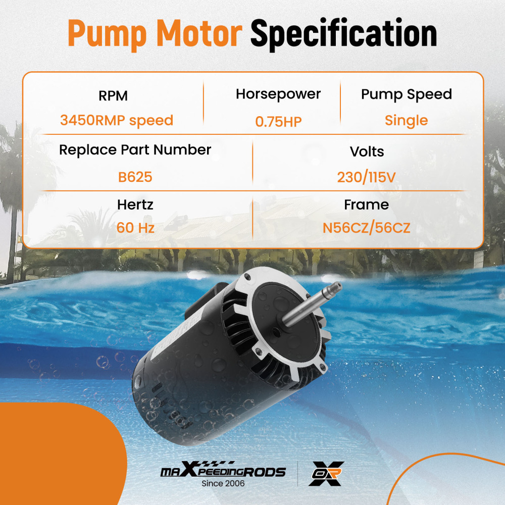 230V0.75 HP Swimming Pool Pump compatible for Polaris PB4-60 Pump Motor B625 3450RPM