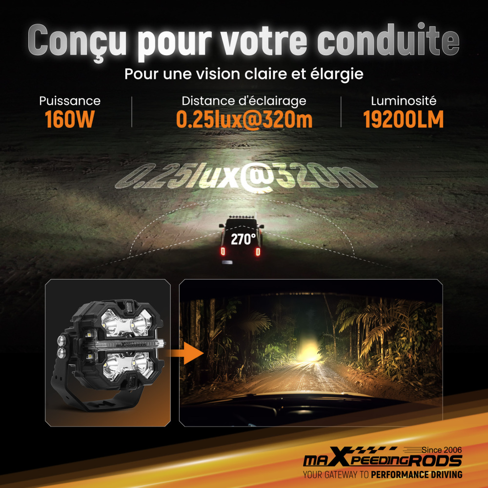 Feux de jour à LED 3,5 pouces, feux de route tout-terrain, ambre 3 000 K 9-32V
