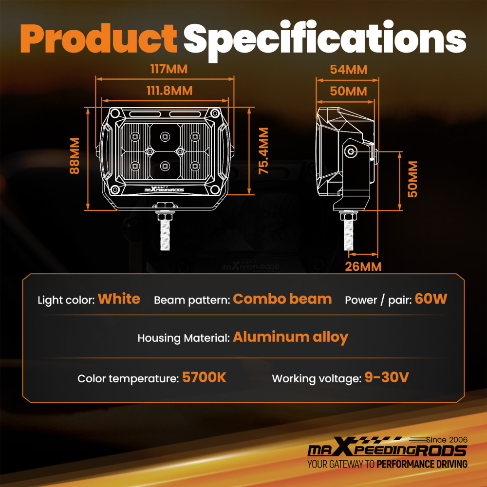 Barra LED 60W 4,4 for Fuoristrada 6000lm Spot Flood Bianco 5700K