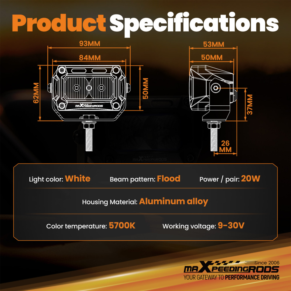 3.3inch LED Auxiliary Light Universal 20W Flood Beam 2000lm IP67 Off-Road