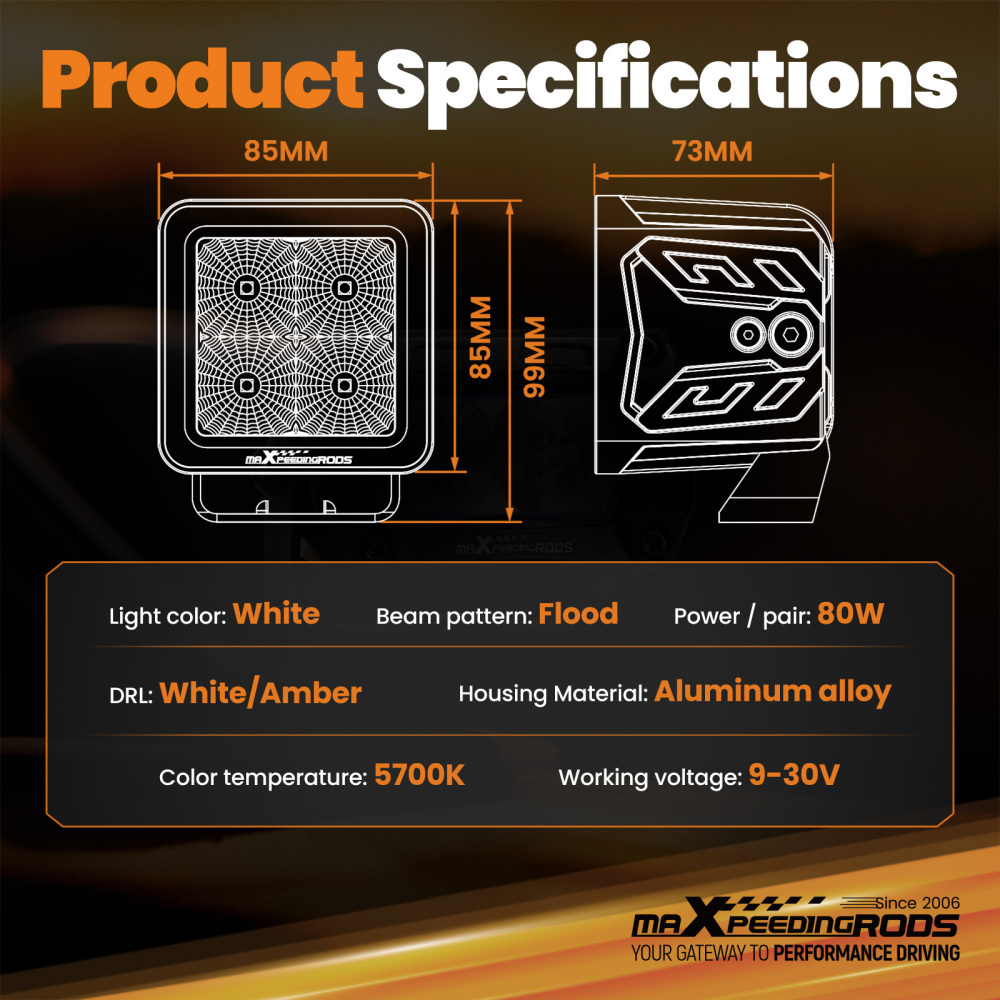 3.3 80W LED Work Light Square Universal Driving Auxiliary Flood Light 8000lm