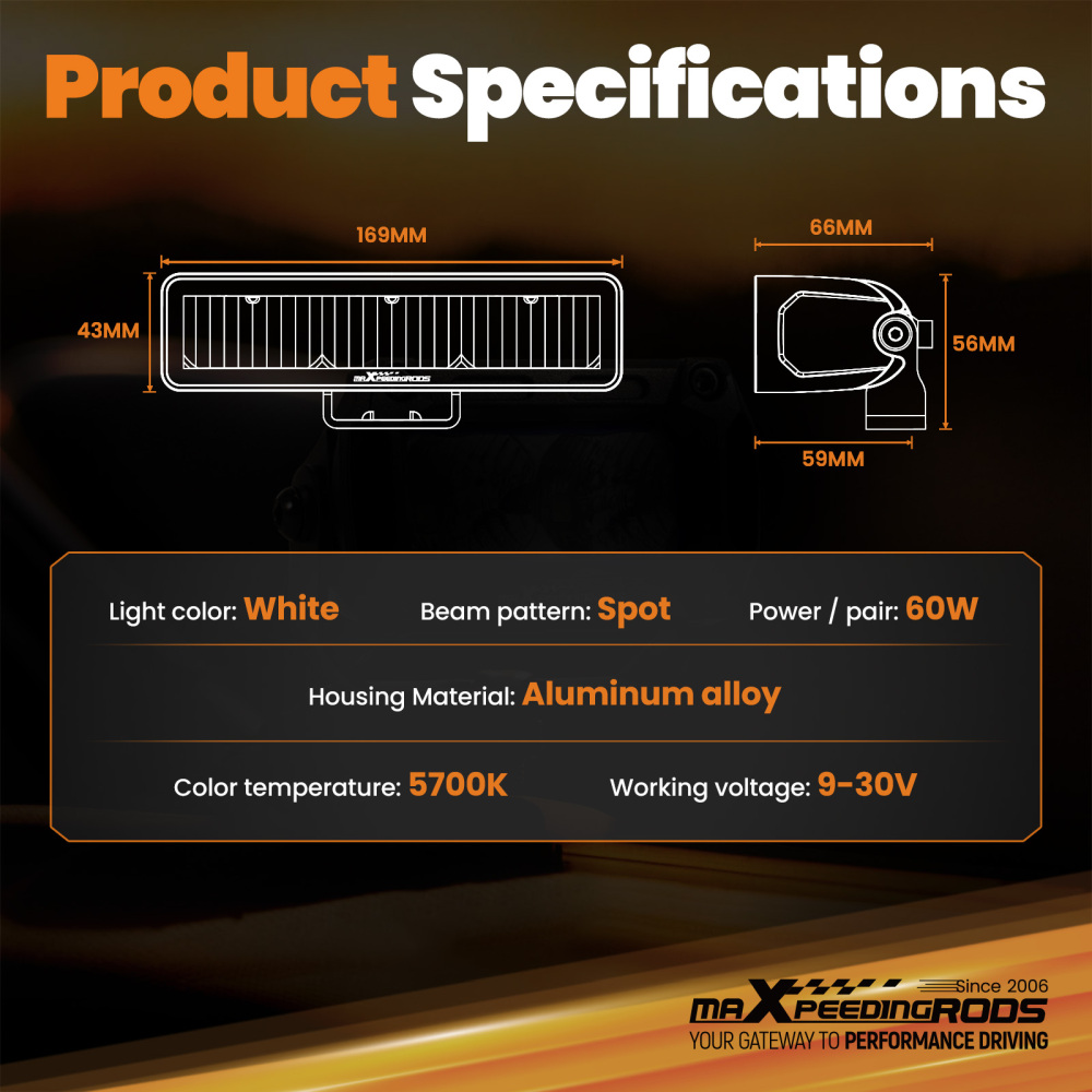 60W Rectangular LED Light Bar 6000LM Spot Beam Off-Road Driving Lights IP67