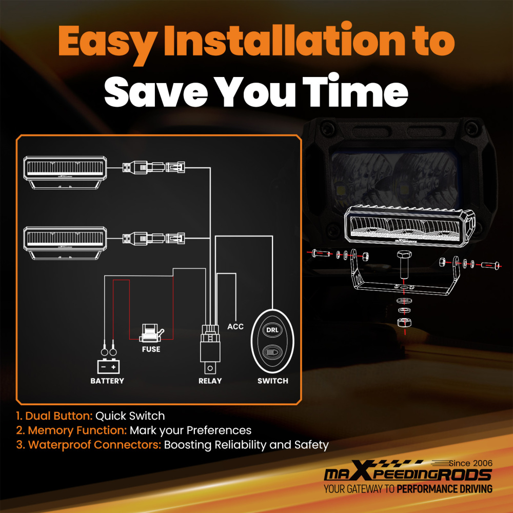 60W 6inch LED Light Bar Rectangular Spot Beam Off-Road Driving 6000LM 5700K