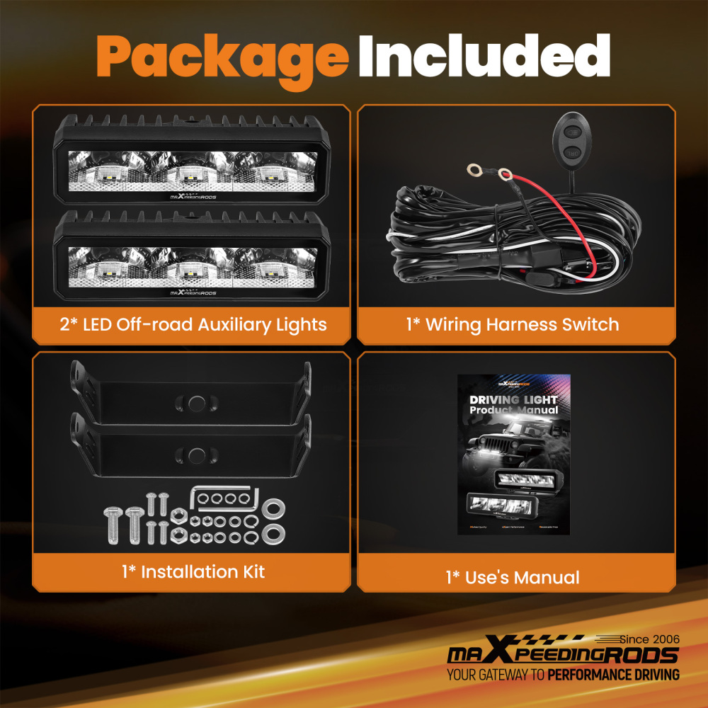 60W 6inch LED Light Bar Rectangular Spot Beam Off-Road Driving 6000LM 5700K