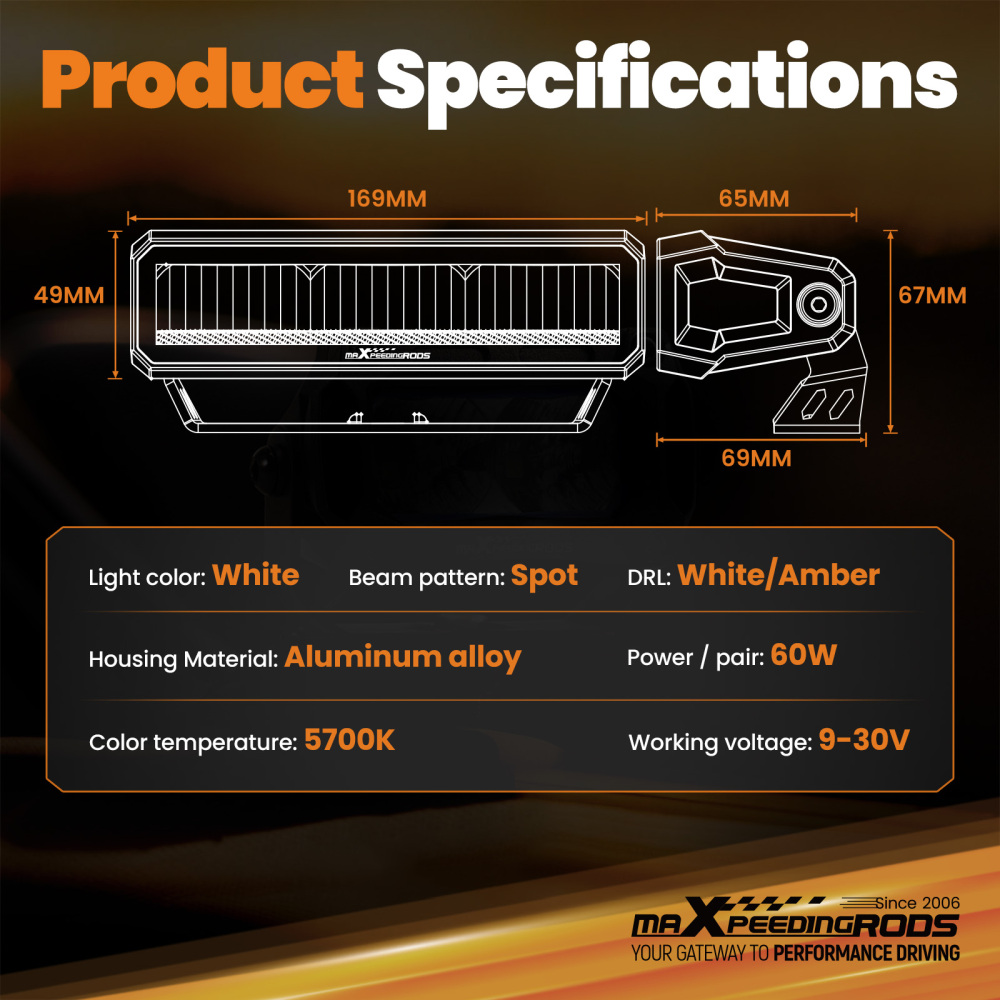 60W 6inch LED Light Bar Rectangular Spot Beam Off-Road Driving 6000LM 5700K