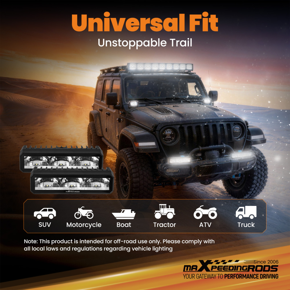 60W 6inch LED Light Bar Rectangular Spot Beam Off-Road Driving 6000LM 5700K