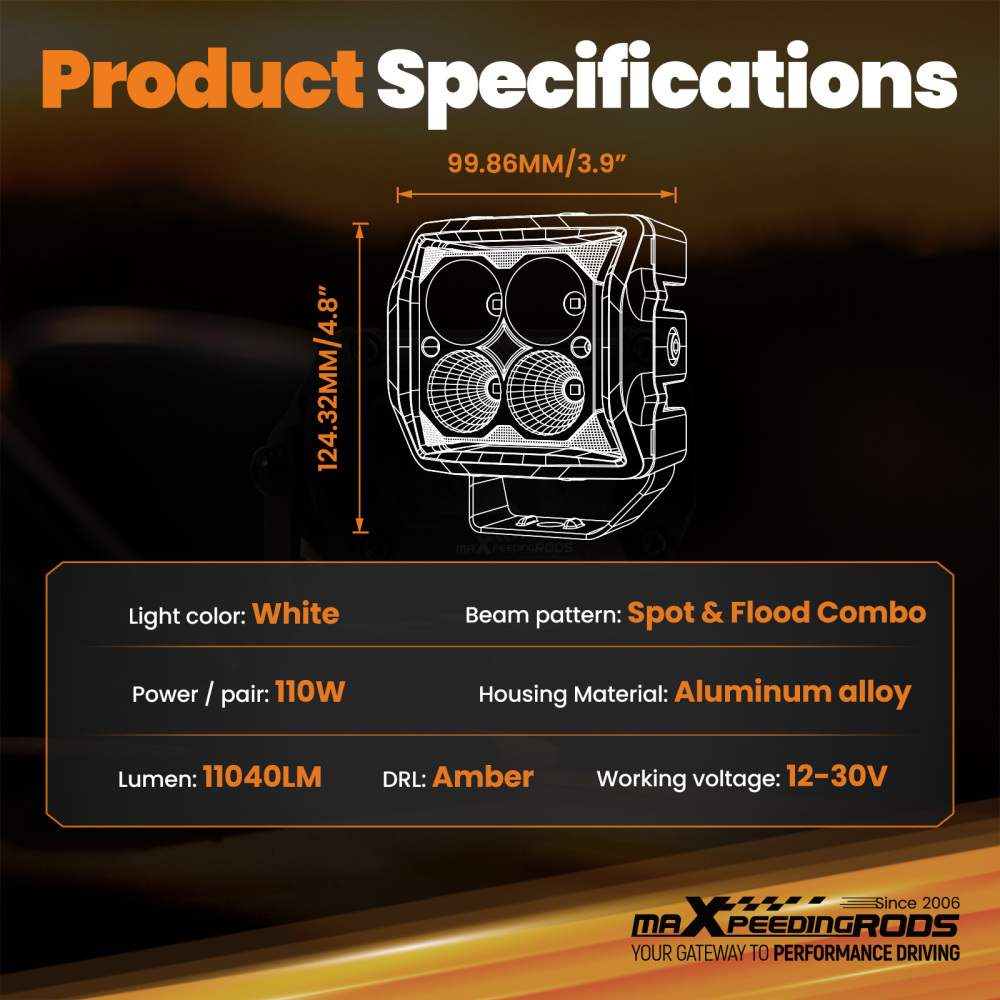 2x 4inch 110W LED Auxiliary Driving Light Spot Flood Combo 11040LM for 4WD UTE
