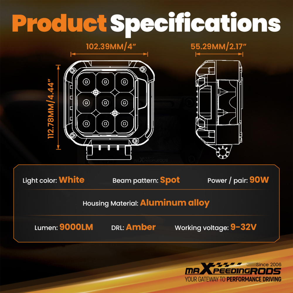 4inch 90W LED Driving Auxiliary Light Spot Beam Universal Off-Road 9000lm IP67
